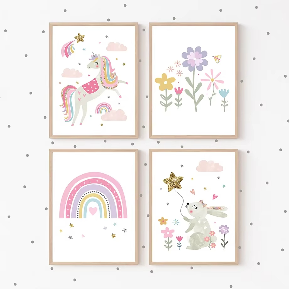 Baby Unicorn Nursery - ภาพพิมพ์บนผ้าใบลายยูนิคอร์นสีชมพู กระต่าย เมฆสีรุ้ง ดอกไม้ สำหรับตกแต่งผนังห้องเด็ก ภาพโปสเตอร์และงานพิมพ์สำหรับตกแต่งห้องเด็กอ่อน
