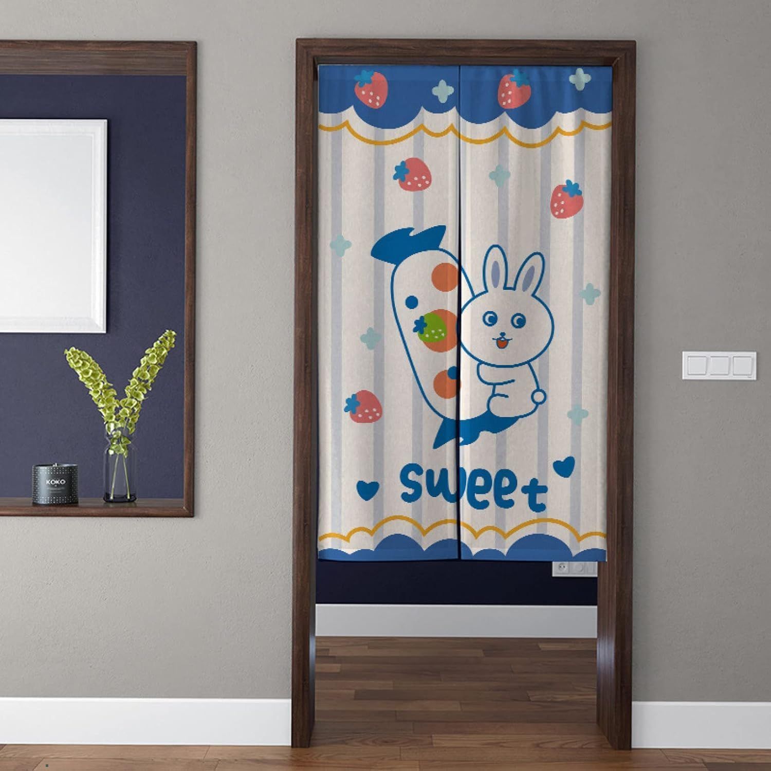 Baby Nursery Curtains - ม่านประตูโพลีเอสเตอร์ลายกระต่ายสตรอว์เบอร์รีน่ารัก ฉากกั้นห้อง ตกแต่งห้องเด็กอ่อน ตกแต่งบ้านตามฤดูกาลฤดูใบไม้ผลิ