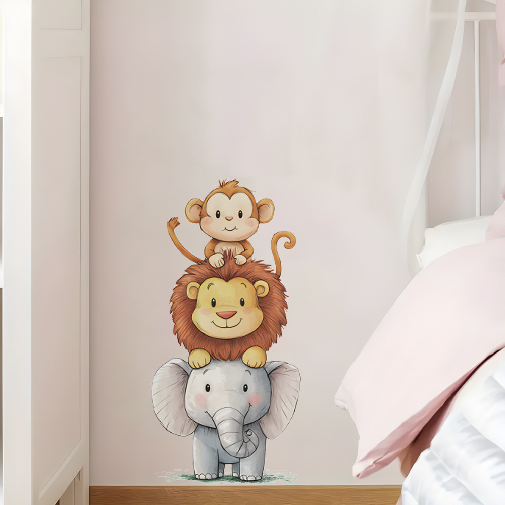 Baby Nursery Stickers - สติ๊กเกอร์ติดผนังรูปสัตว์ป่าแสนน่ารักสำหรับห้องเด็ก ตกแต่งห้องเด็ก วอลเปเปอร์ไวนิล ช้าง สิงโต