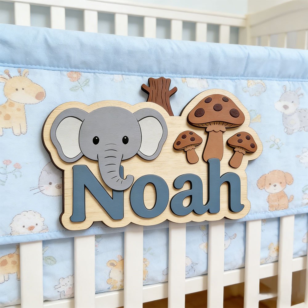 Baby Nursery Themes Girl - ป้ายชื่อไม้รูปช้างและเห็ดแบบปรับแต่งได้ ป้ายประตูไม้ส่วนตัวสำหรับเด็กชายและเด็กหญิง ตกแต่งห้องเด็กธีมป่า