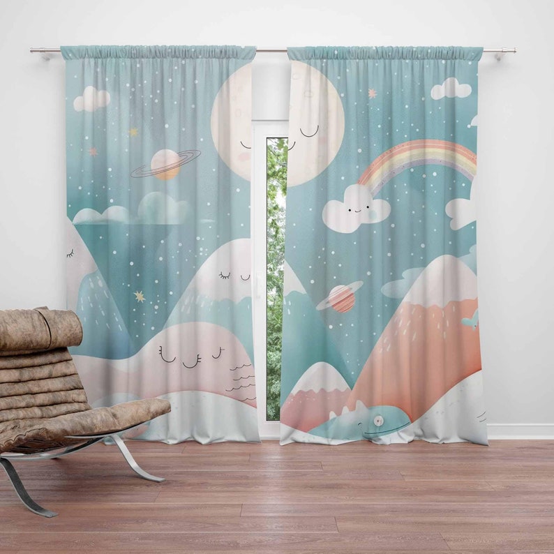 Baby Nursery Curtains - ม่านกันแสงสำหรับห้องเด็ก ลายภูเขา สายรุ้ง เมฆ ดวงจันทร์ ตกแต่งห้องเด็กอ่อน