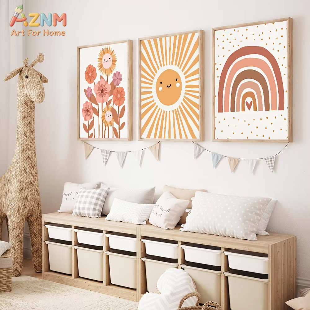 Baby Nursery Neutral - AZNM ภาพพิมพ์บนผ้าใบลายดอกทานตะวันสีรุ้งสไตล์โบโฮ น่ารัก โทนสีอบอุ่น สำหรับตกแต่งห้องเด็กอ่อนหรือห้องเด็ก ไม่มีกรอบ