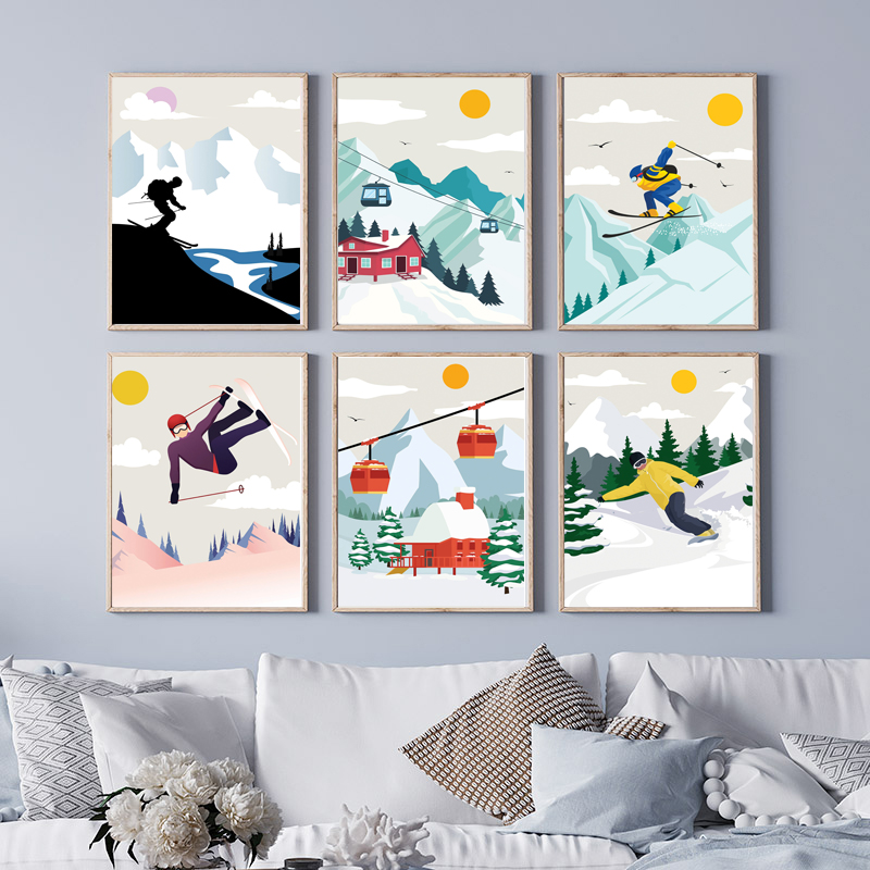 Baby Nursery Themes Girl - ศิลปะบนผืนผ้าใบภูเขาหิมะสไตล์มินิมอล - ของตกแต่งธีมกีฬาสกีและสโนว์บอร์ดสำหรับโปสเตอร์และภาพพิมพ์ในห้องนั่งเล่น
