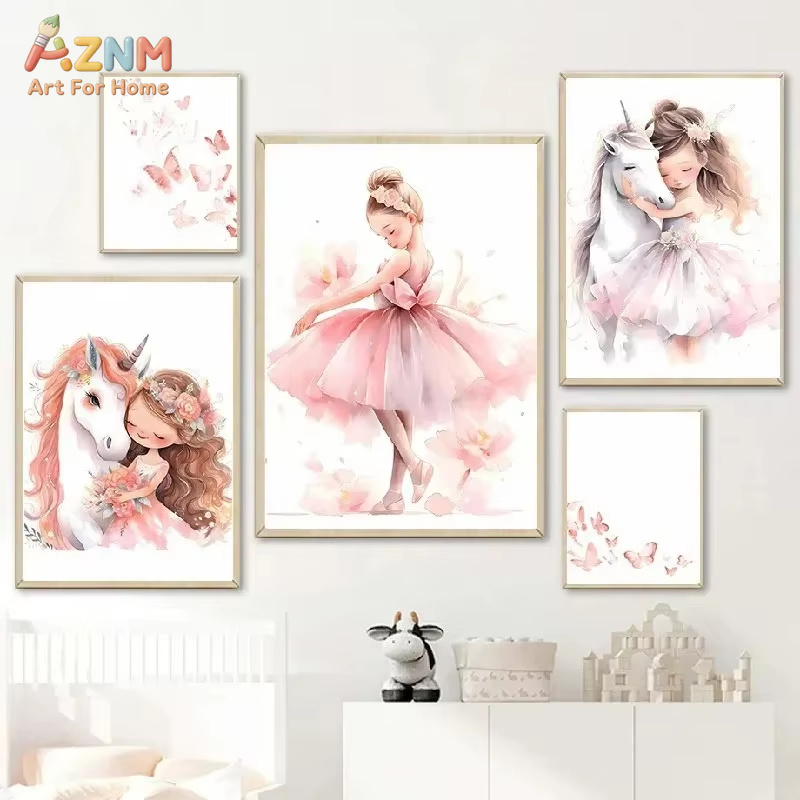 Baby Unicorn Nursery - 1 ชิ้น, สีชมพูสาวนักบัลเล่ต์ยูนิคอร์นผีเสื้อโปสเตอร์ห้องเด็กตกแต่งผ้าใบโปสเตอร์ศิลปะบนผนังโปสเตอร์ตกแต่งห้องนอนเด็ก