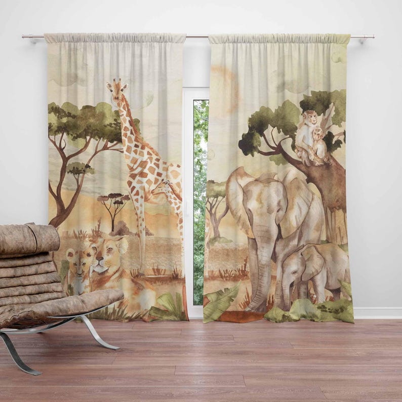 Baby Nursery Curtains - ม่านลายสัตว์ซาฟารีสำหรับตกแต่งห้องเด็กอ่อน ห้องนอนเด็ก ห้องเล่น ม่านกันแสงสำหรับห้องเด็กอ่อน ม่านห้องนั่งเล่น