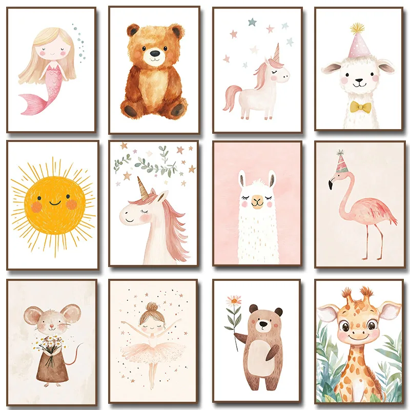 Baby Unicorn Nursery - ภาพวาดบนผ้าใบลายบัลเลริน่าสีชมพูพร้อมดาว ยูนิคอร์น นางเงือกน้อยน่ารัก ลามะ หมี กวาง