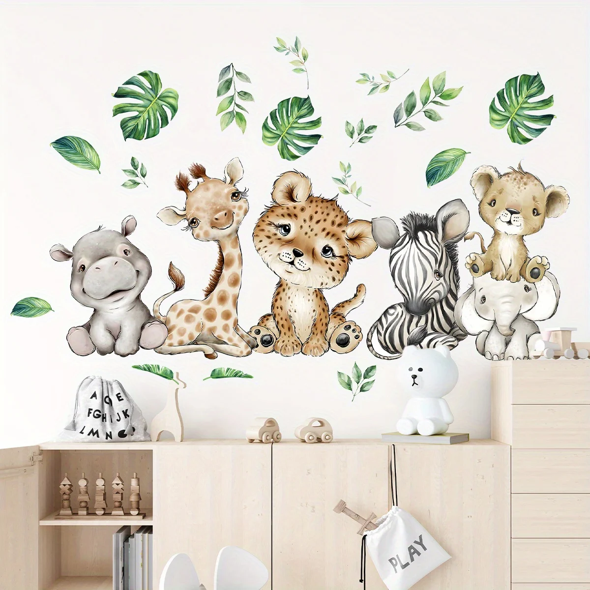 Wall Decal Nursery - 1PC การ์ตูนน่ารัก Hippo Tiger ช้างกวางต้นไม้สัตว์สติ๊กเกอร์ติดผนังสําหรับห้องนอนห้องนั่งเล่นเนอสเซอรี่ตกแต่ง Wall