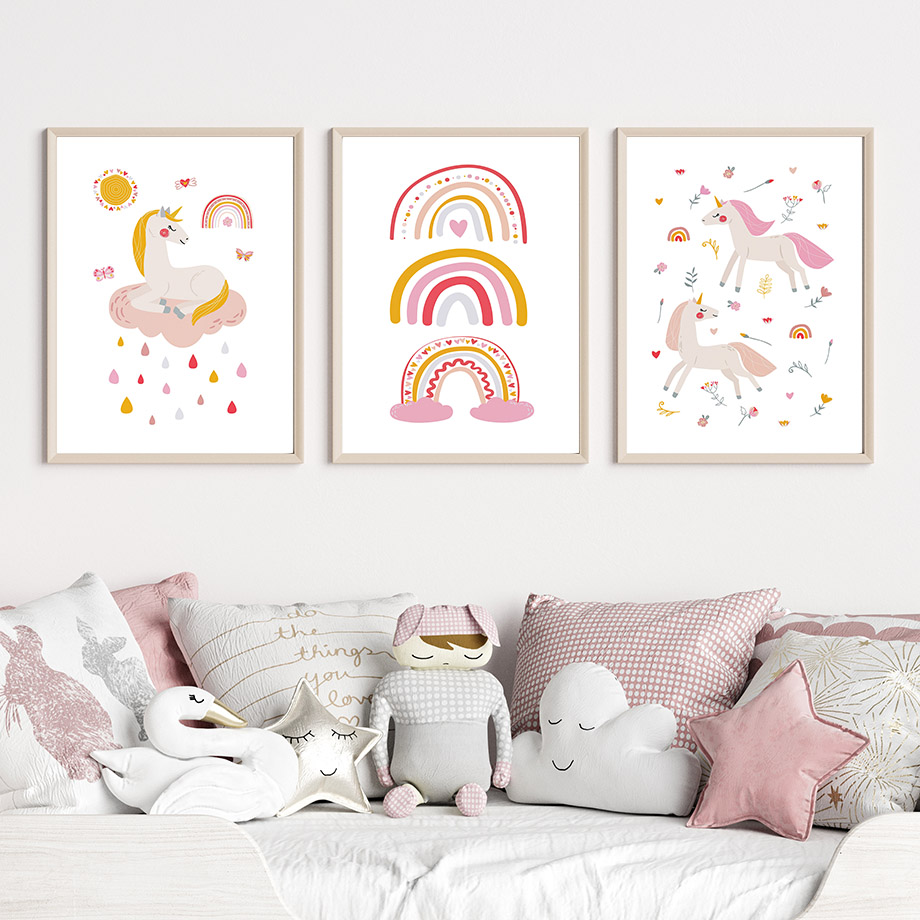 Baby Unicorn Nursery - คาวาอิการ์ตูนยูนิคอร์นสายรุ้งซันคลาวด์เบบี้เนอสเซอรี่วอลล์อาร์ตความงามพิมพ์ภาพวาดผ้าใบโปสเตอร์สำหรับตกแต่งบ้านโมเดิร์น