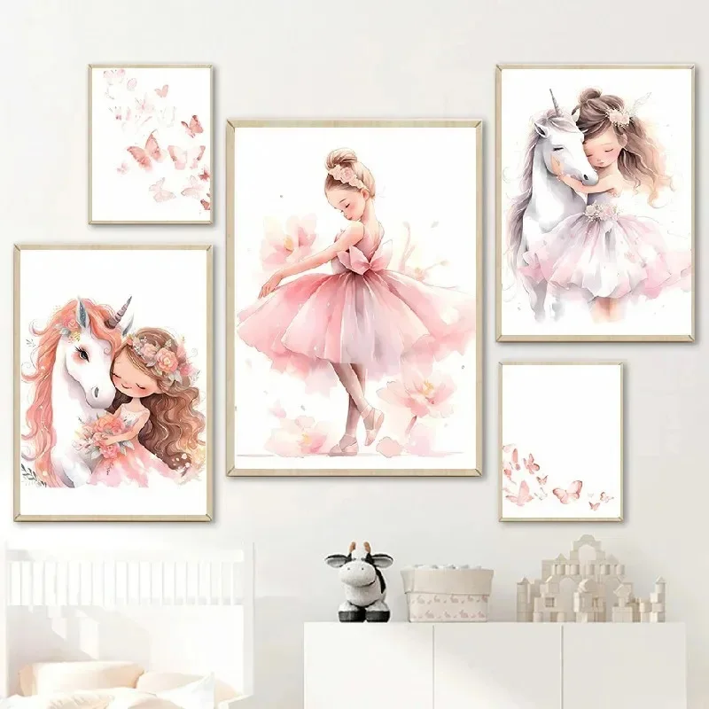 Baby Unicorn Nursery - สีชมพูบัลเลริน่าสาวยูนิคอร์นผีเสื้อโปสเตอร์ห้องเด็กตกแต่งผ้าใบโปสเตอร์โปสเตอร์ติดผนังห้องเด็กตกแต่งห้องนอนเด็ก