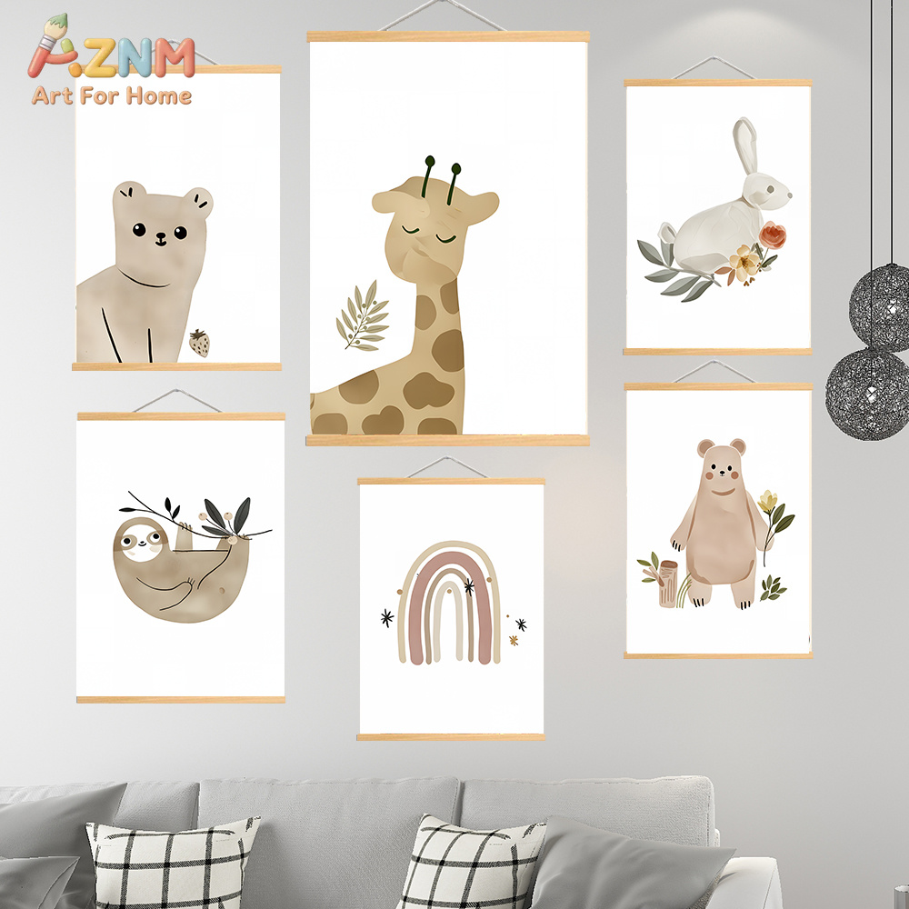 Baby Nursery Neutral - AZNM ภาพพิมพ์บนผ้าใบลายสัตว์สไตล์โบโฮซาฟารี ยีราฟ หมี สลอธ กระต่าย