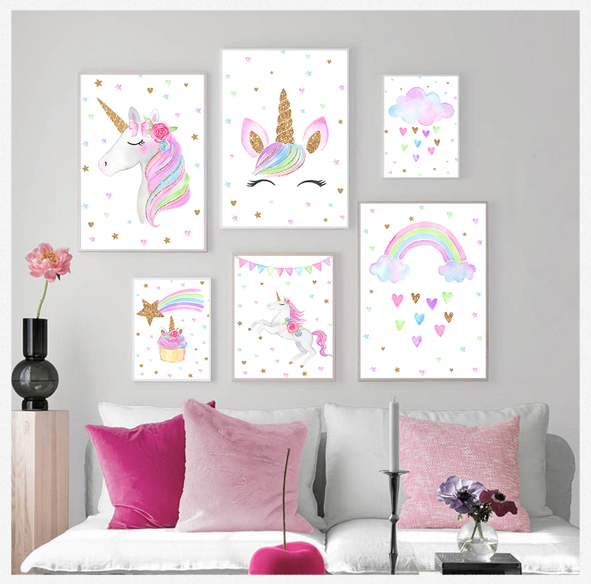 Baby Unicorn Nursery - ภาพวาดบนผ้าใบลายการ์ตูนน่ารัก สไตล์นอร์ดิก สำหรับตกแต่งห้องเด็ก ลายยูนิคอร์นสีรุ้ง ภาพพิมพ์ติดผนังสำหรับตกแต่งห้องเด็กอ่อน