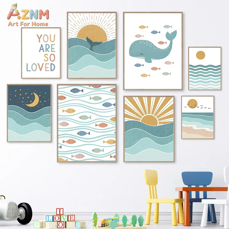 Baby Nursery Neutral - ภาพพิมพ์บนผ้าใบลายโบโฮ AZNM ลายมหาสมุทร วาฬ ปลา คลื่น