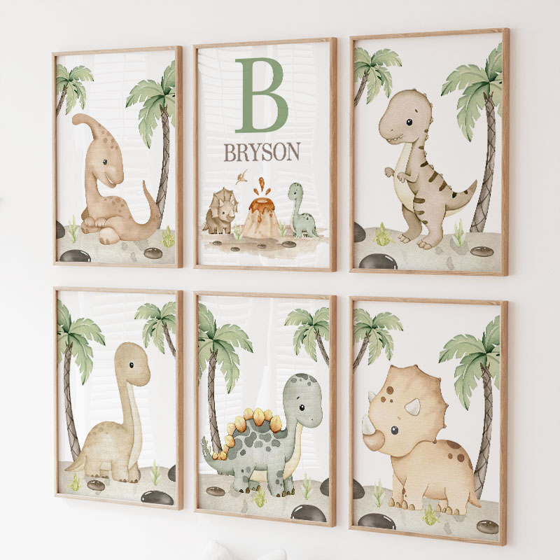 Baby Nursery Neutral - ภาพวาดผ้าใบไดโนเสาร์ 6 แบบ, ลายต้นปาล์มสีน้ำในป่าไดโนเสาร์, ของตกแต่งผนังห้องนอนเด็กชาย/เด็กเล็ก/ห้องเด็ก, ของขวัญ