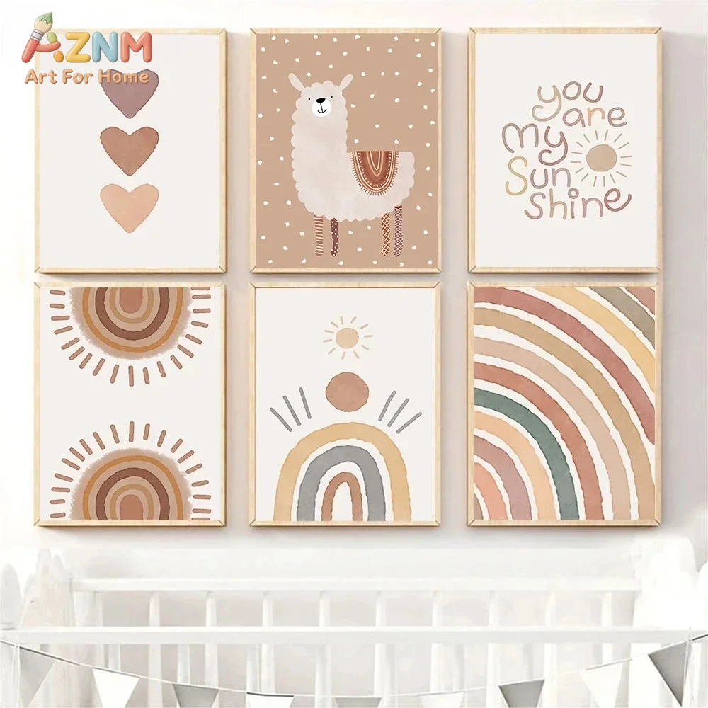 Baby Nursery Neutral - AZNM โบโฮ นิวทรัล ลามา แคนวาสพิมพ์ลาย สายรุ้ง