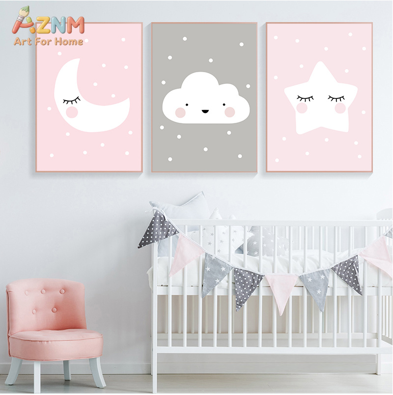 Baby Nursery Neutral - AZNM การ์ตูนน่ารัก ดวงจันทร์ เมฆ ดาว พิมพ์บนผ้าใบ