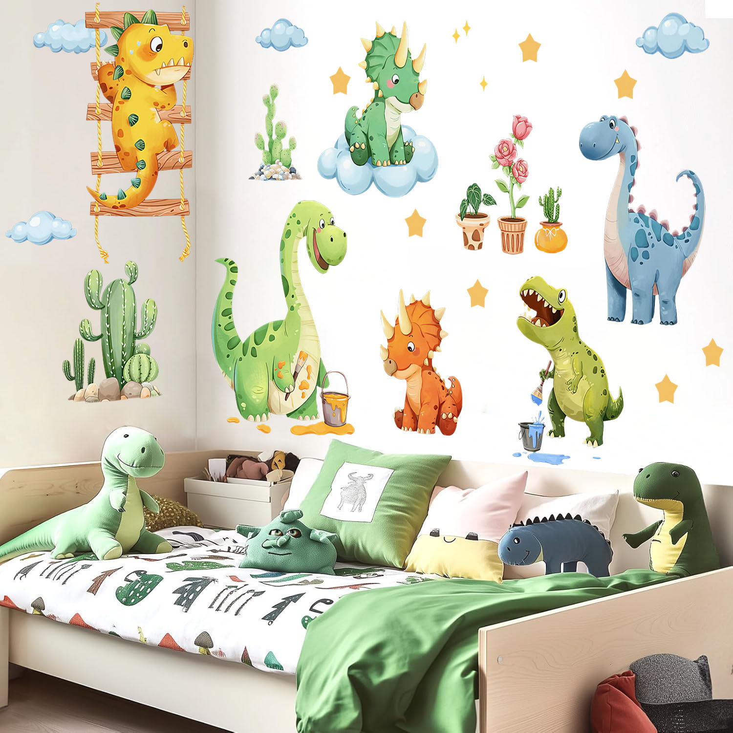 Baby Nursery Panelling - สติ๊กเกอร์ติดผนังลายไดโนเสาร์ตลกๆ สีน้ำ สติ๊กเกอร์ติดผนังลายการ์ตูนไดโนเสาร์น่ารักกำลังเล่นกับกระบองเพชร ของตกแต่งบ้าน ห้องเด็กเล่น ห้องเด็กอ่อน