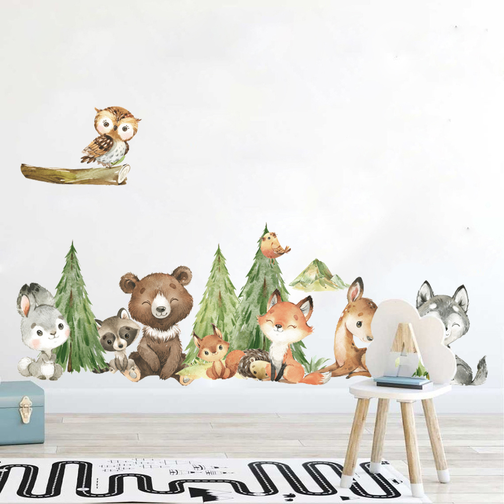 Baby Nursery Panelling - การ์ตูนสัตว์ป่าสติ๊กเกอร์ติดผนังห้องเด็กทารก Pine Tree นกกวางกระต่ายหมีสัตว์ป่า Wall Decal