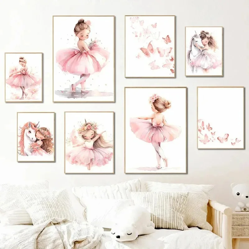 Baby Unicorn Nursery - สีชมพูบัลเลริน่าสาวยูนิคอร์นผีเสื้อโปสเตอร์ห้องเด็กตกแต่งผ้าใบโปสเตอร์ศิลปะบนผนังโปสเตอร์ห้องนอนเด็ก