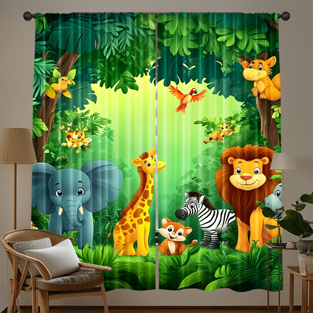 Baby Nursery Curtains - 2 ชิ้นการ์ตูนสัตว์ผ้าม่านป่าซาฟารีพิมพ์โพลีเอสเตอร์ผ้าม่านหน้าต่างสำหรับห้องนอนเด็กเนอสเซอรี่ห้องเด็กตกแต่งบ้าน