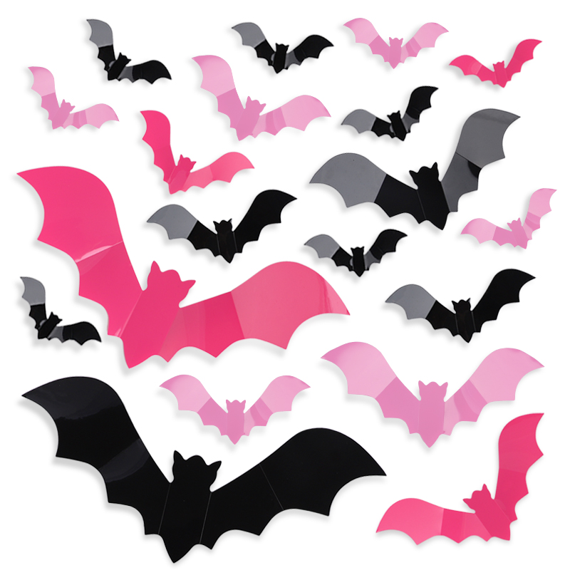 Wall Decal Nursery - 24/48Pcs ฮาโลวีนค้างคาวสีชมพูสติกเกอร์หน้าต่าง 3D Spooky BAT Wall