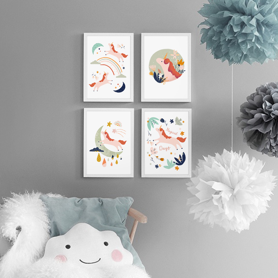 Baby Unicorn Nursery - ภาพติดผนังห้องนอนเด็กผู้หญิง การ์ตูนยูนิคอร์น ภาพวาดบนผ้าใบสำหรับห้องเด็ก โปสเตอร์และภาพพิมพ์สไตล์นอร์ดิก ภาพติดผนังสำหรับตกแต่งบ้าน ห้องเด็ก
