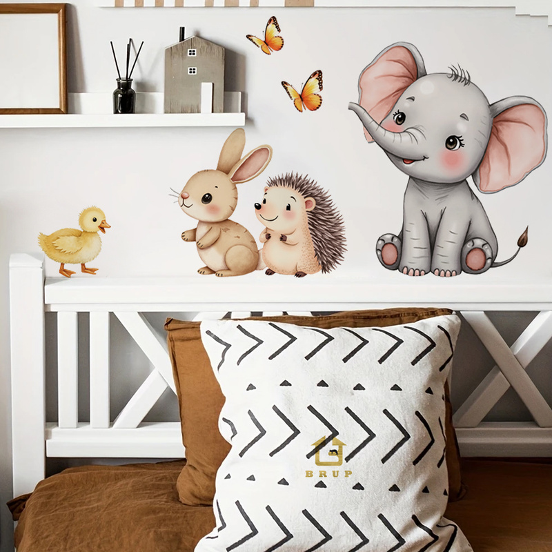 Wall Decal Nursery - การ์ตูนสัตว์สติ๊กเกอร์ติดผนัง-ช้างกระต่ายเม่นเนอสเซอรี่รูปลอกที่ถอดออกได้เด็กตกแต่งห้องเด็กเล่น Wall Art Home