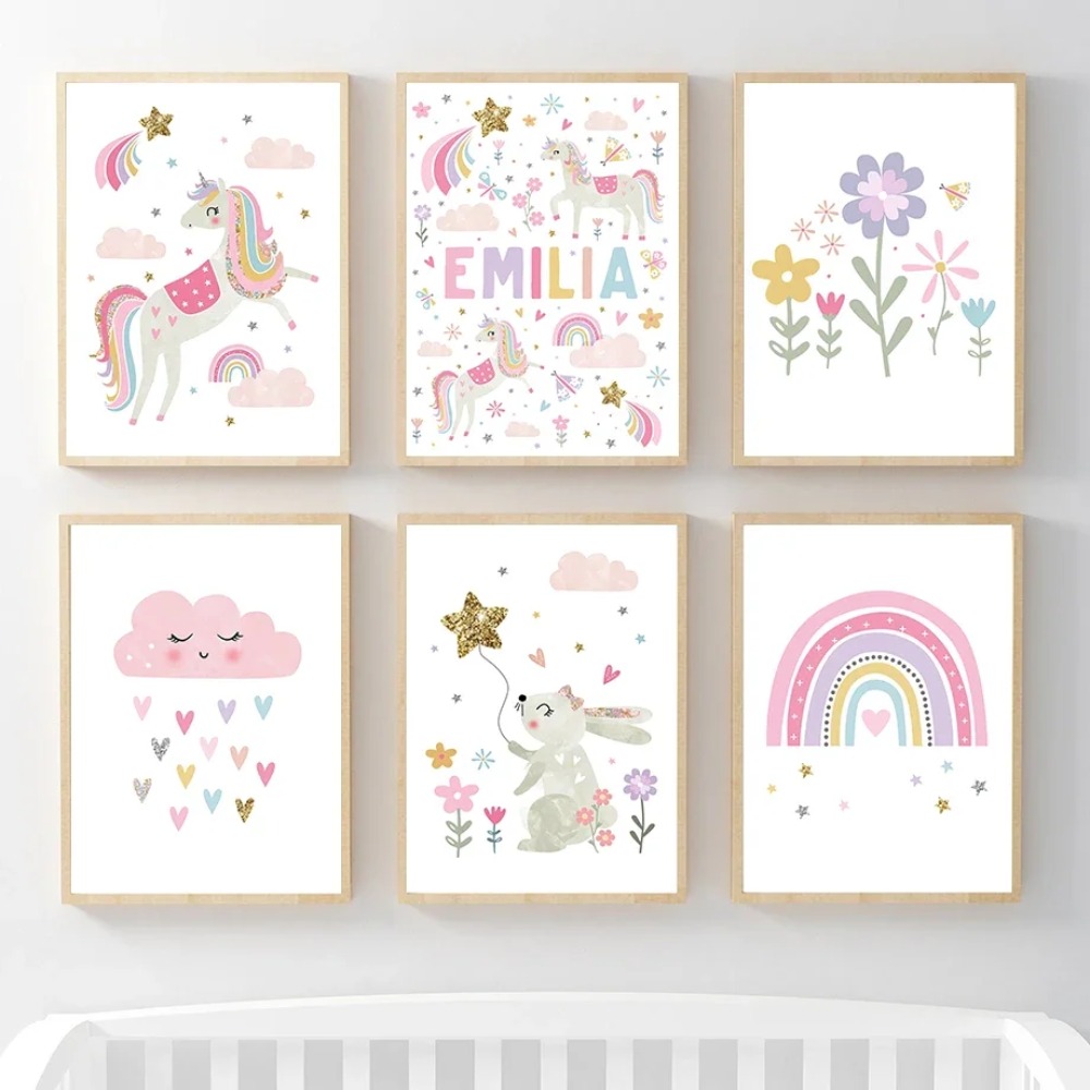 Baby Unicorn Nursery - สีชมพูยูนิคอร์นกระต่ายสายรุ้งเมฆดอกไม้ศิลปะบนผนังสำหรับสถานรับเลี้ยงเด็กภาพวาดผ้าใบโปสเตอร์และภาพพิมพ์ภาพติดผนังเด็กทารกตกแต่งห้อง