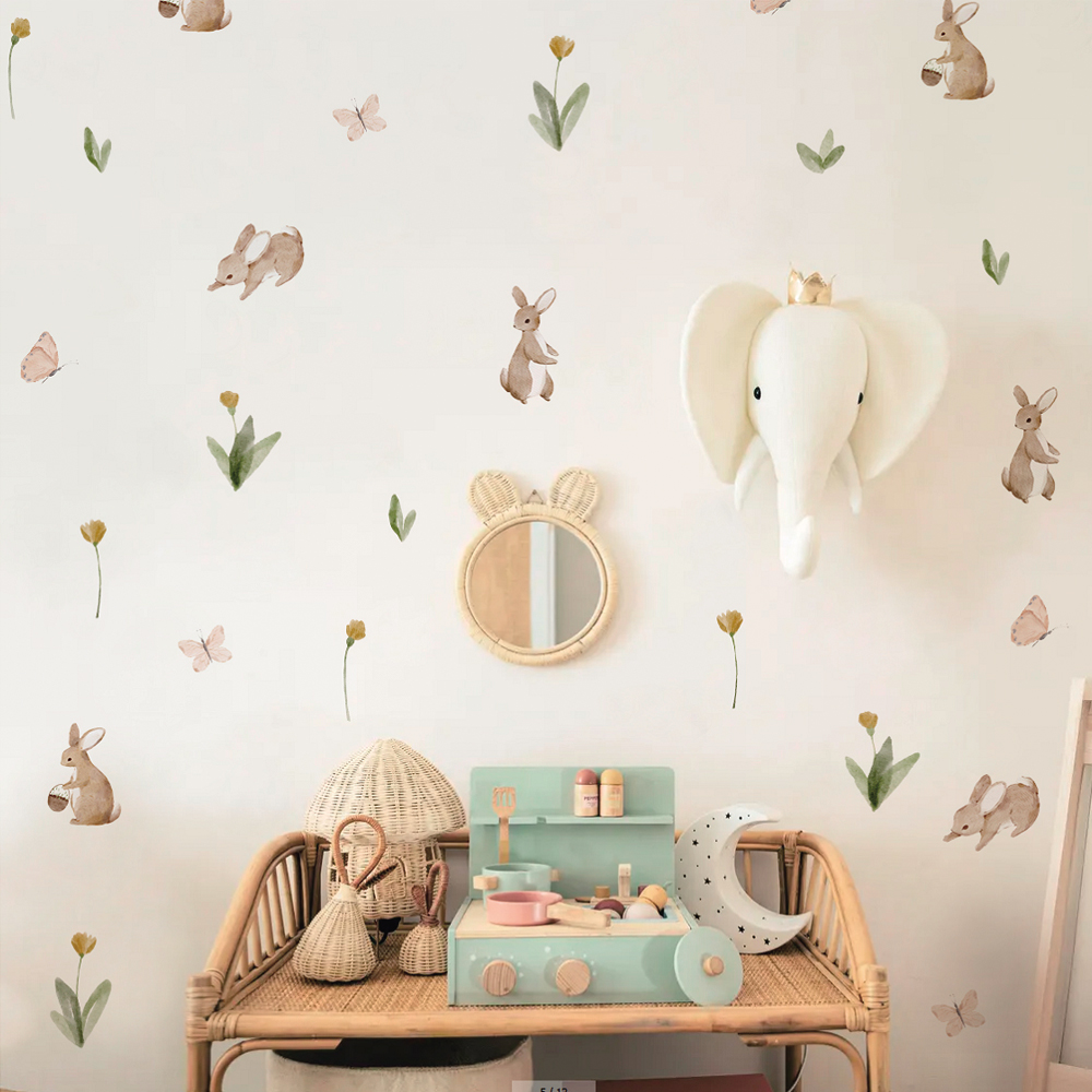 Baby Nursery Stickers - ฤดูร้อนสีน้ําน่ารักกระต่ายและดอกไม้เนอสเซอรี่รูปลอกผนัง,Peel และ Stick นํากลับมาใช้ใหม่และสติ๊กเกอร์ติดผนังเด็กที่ถอดออกได้