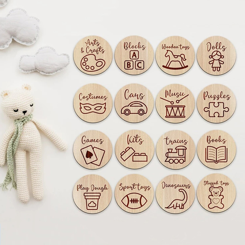 Baby Nursery Items - ป้ายไม้สำหรับจัดเก็บของ ป้ายตกแต่งห้องเด็ก ป้ายจัดเก็บพร้อมภาพประกอบ ป้ายของเล่นสำหรับห้องเด็กเล่น ชุดป้ายทรงกลม