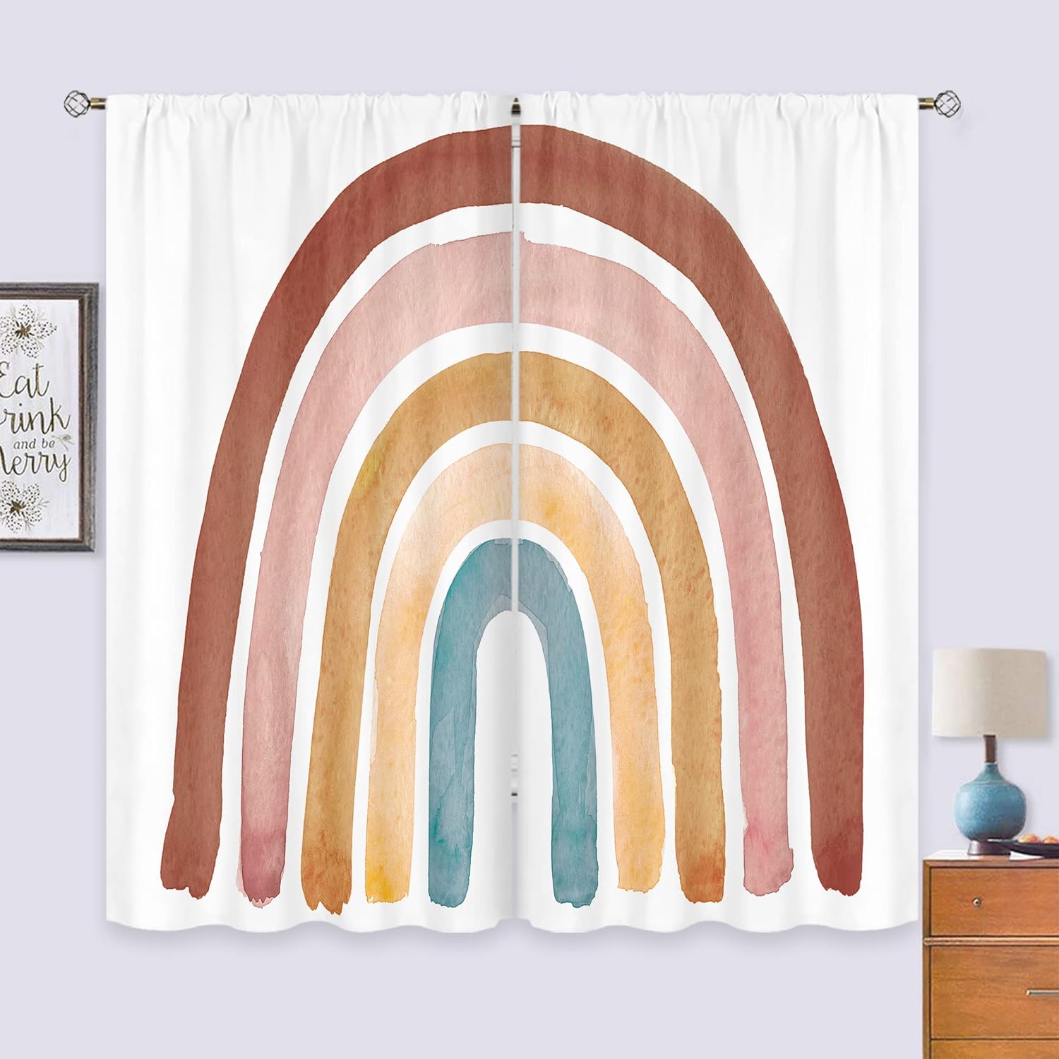 Baby Nursery Curtains - ผ้าม่านโบโฮลายสายรุ้งสำหรับเด็กผู้หญิงและเด็กผู้ชาย ตกแต่งห้องนอน ขนาด 42x63 นิ้ว แบบร้อยราว