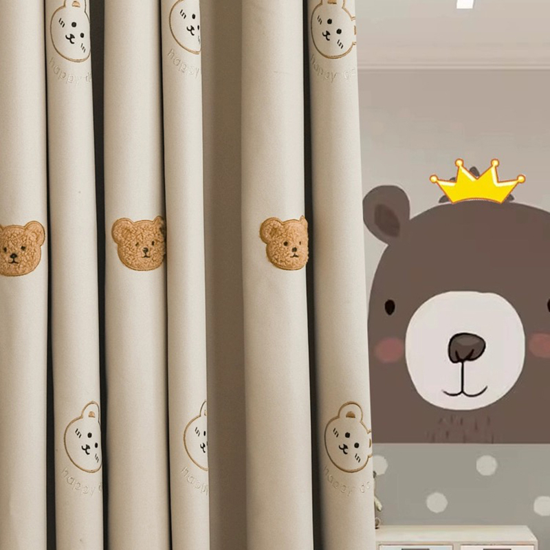Baby Nursery Curtains - การ์ตูนเกาหลีสีน้ําตาลตุ๊กตาหมีปักผ้าม่าน Beige สูงเกรดเด็กผ้าม่านสําหรับ Boy และ Girls
