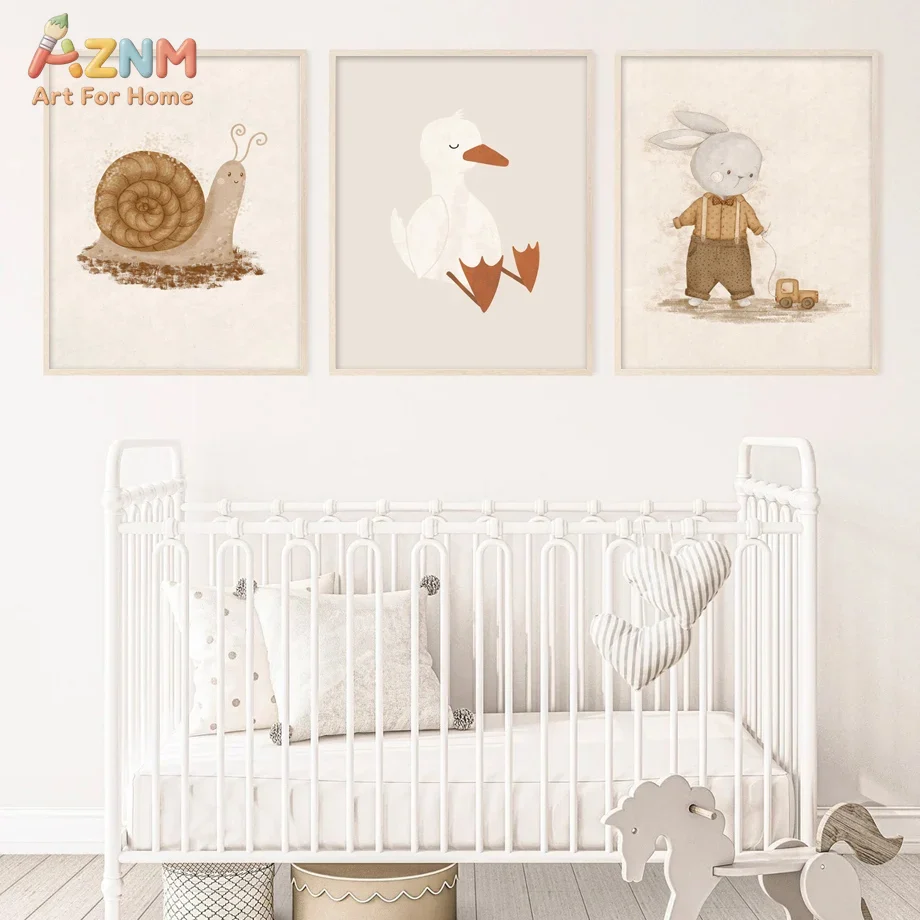 Baby Nursery Neutral - ภาพพิมพ์สัตว์น่ารักสไตล์โบโฮบนผ้าใบสำหรับตกแต่งห้องเด็ก AZNM