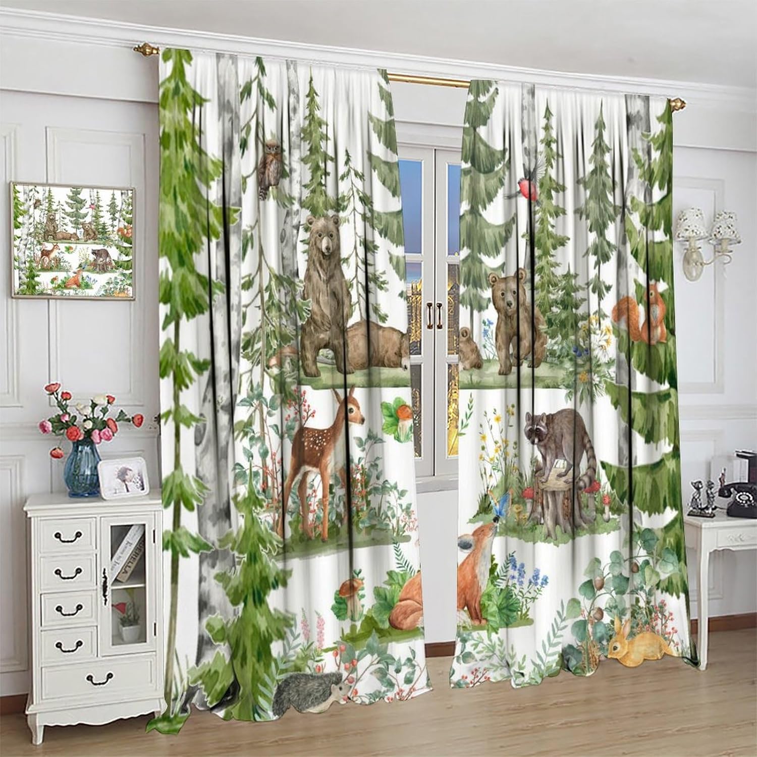 Baby Nursery Curtains - ผ้าม่านลายสัตว์ป่าสำหรับเด็ก ลายสีน้ำ หมี จิ้งจอก กวาง สัตว์ป่า