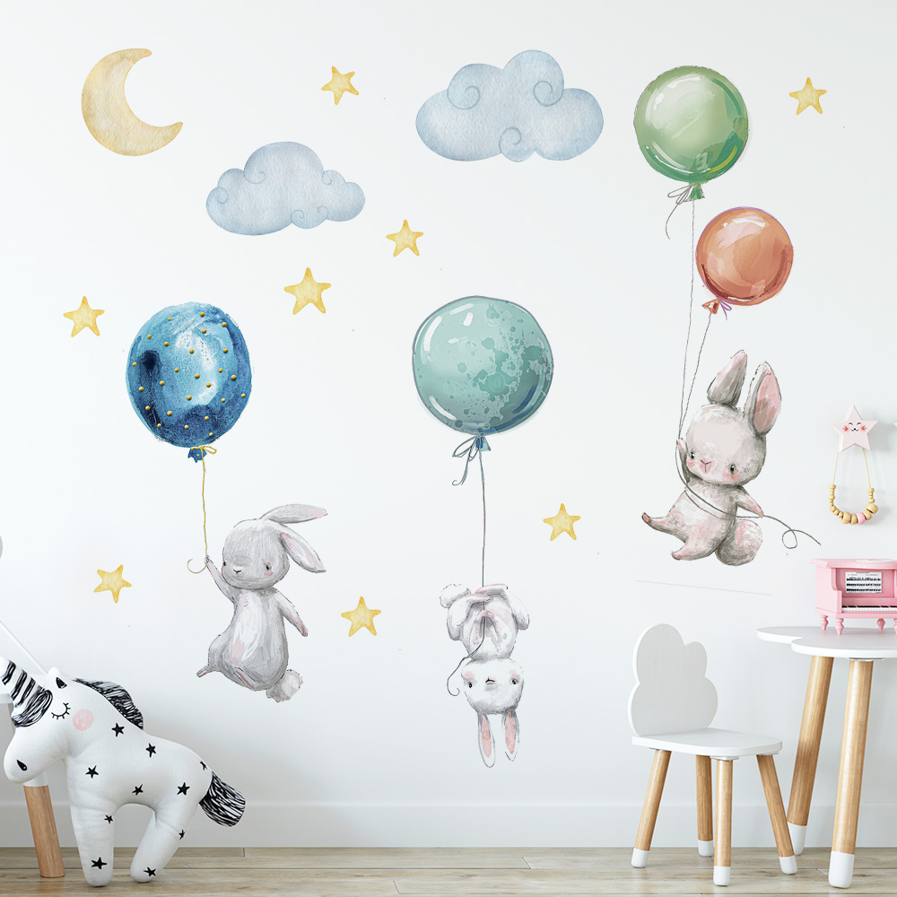 Baby Nursery Items - น่ารักน่ารักกระต่ายบินสติ๊กเกอร์ติดผนังบอลลูน Moon Star Cloud ที่ถอดออกได้สําหรับเด็กเนอสเซอรี่ Baby