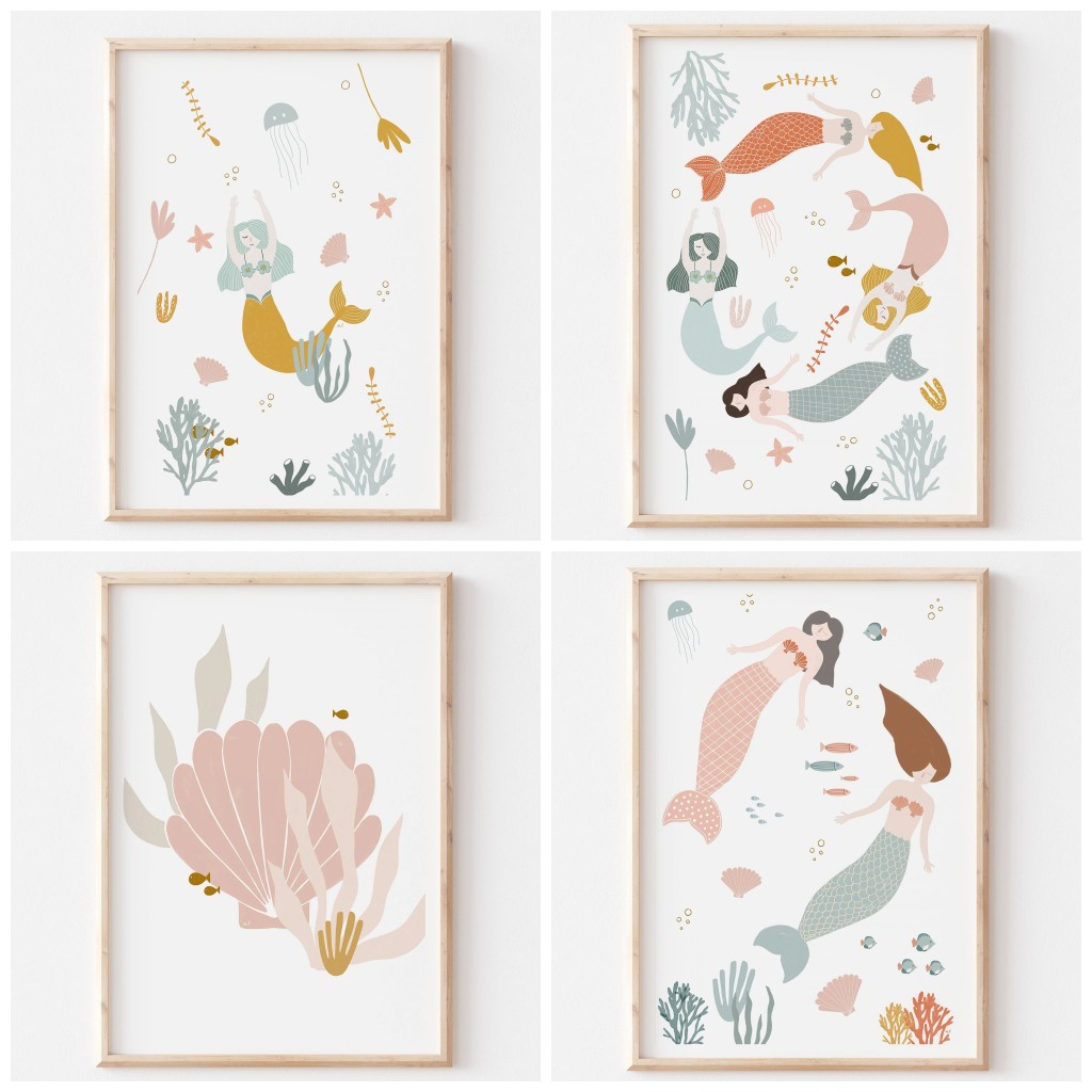 Baby Nursery Themes Girl - ภาพพิมพ์ตกแต่งผนังธีมมหาสมุทรสไตล์โบโฮ สีชมพู ลายเปลือกหอย โปสเตอร์ผ้าใบลายเงือก สำหรับตกแต่งห้องเด็กผู้หญิง