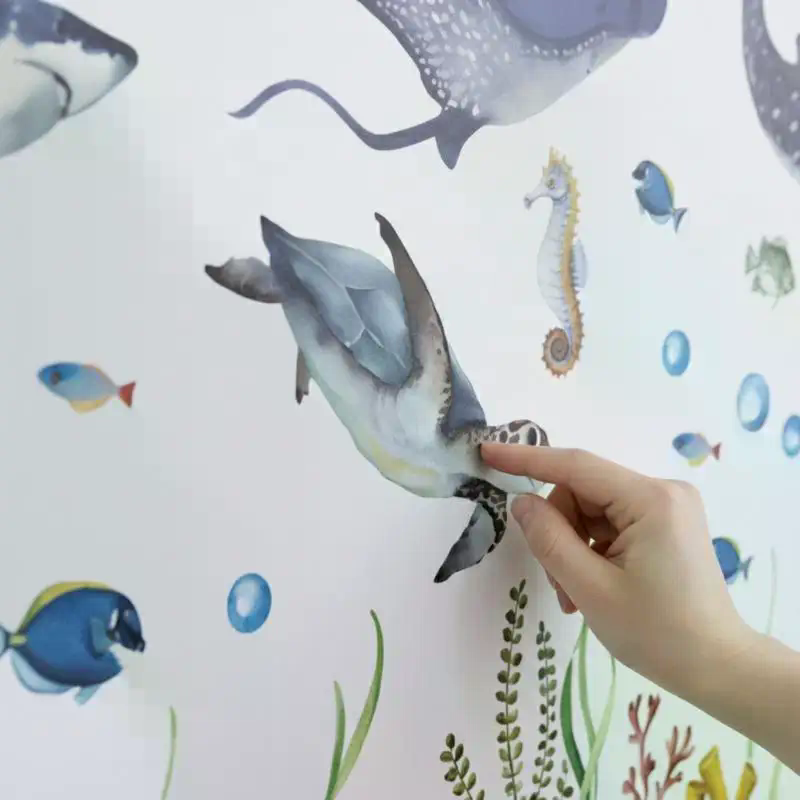 Baby Nursery Stickers - สติ๊กเกอร์ติดผนังลายชีวิตใต้ทะเล ฉลามสีน้ำ สติ๊กเกอร์รูปปลาแบบถอดได้ สัตว์ทะเล ตกแต่งห้องเด็ก ห้องนอน