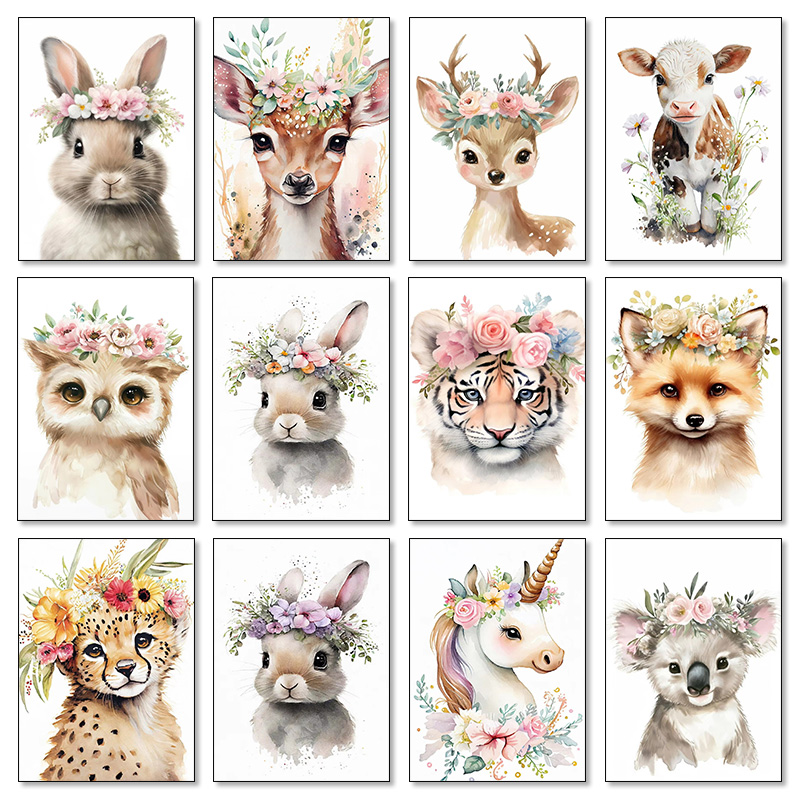 Baby Unicorn Nursery - เด็กหมีกระต่ายกวาง Raccoon นกฮูก Unicorn Cheetah สีน้ําดอกไม้