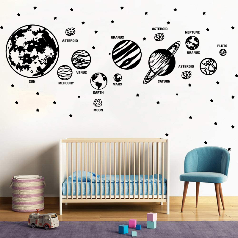 Baby Nursery Panelling - ดาวเคราะห์ขนาดใหญ่ระบบสุริยะอวกาศดาราศาสตร์ดาวสติกเกอร์รูปลอกติดผนังสถานรับเลี้ยงเด็กทารกห้องเด็กเล่นท้องฟ้าดาวดาวเคราะห์
