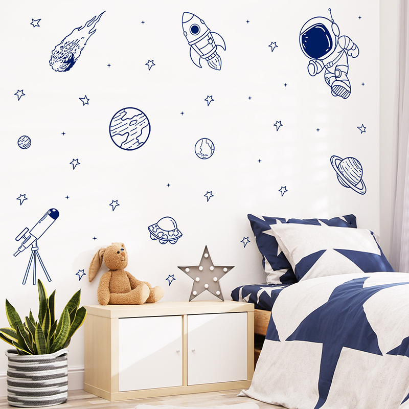 Baby Nursery Stickers - สติ๊กเกอร์ติดผนังลายการ์ตูนจักรวาล นักบินอวกาศ ดาวเคราะห์ จรวด แบบลอกติดเอง สำหรับตกแต่งห้องเด็ก