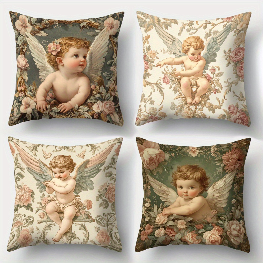 Baby Nursery Chair - ปลอกหมอนลายดอกไม้พิมพ์ลายเทวดา ชุด 4 ชิ้น ตกแต่งห้องเด็กสไตล์วินเทจ ผ้าโพลีเอสเตอร์