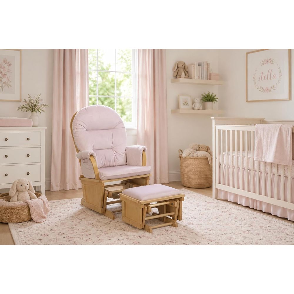 Baby Nursery Chair - เก้าอี้โยกสำหรับเด็ก Madison พร้อมที่วางเท้า, เก้าอี้โยกไม้สำหรับการเลี้ยงเด็ก, เก้าอี้โยกที่เคลื่อนไหวได้อย่างราบรื่น, ทำจากไม้ธรรมชาติและผ้าสีชมพู