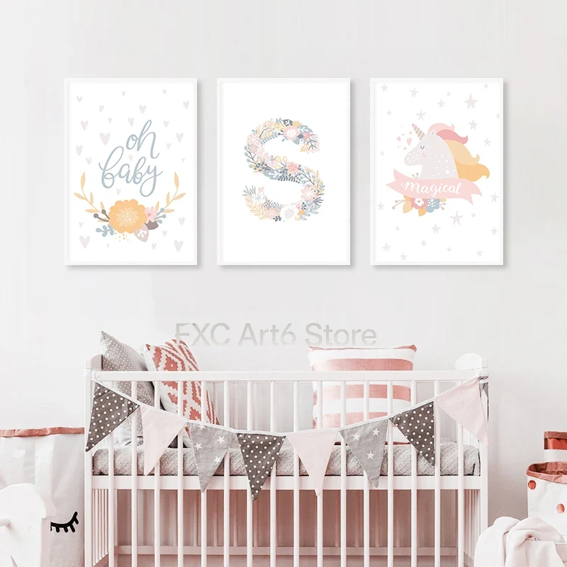 ภาพพิมพ์บนผ้าใบลายดอกไม้ ตัวอั - Baby Unicorn Nursery บทวิจารณ์และราคา