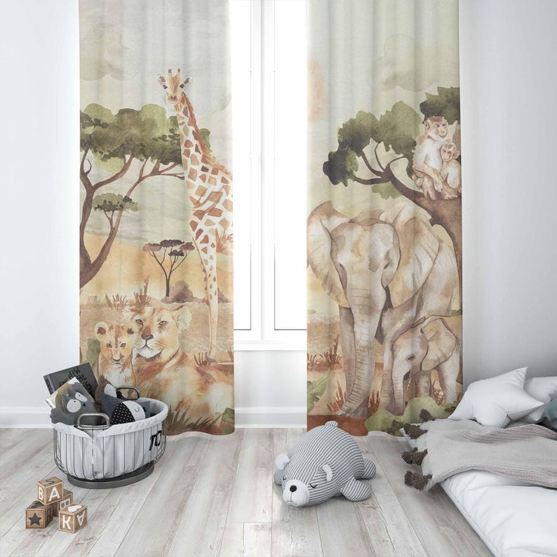 ม่านลายสัตว์ซาฟารีสำหรับตกแต่ง - Baby Nursery Curtains บทวิจารณ์และราคา