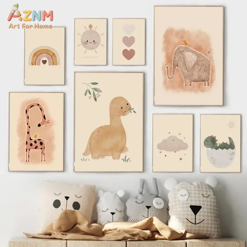 AZNM ภาพวาดสีน้ำไดโนเสาร์บนผ้า - Baby Nursery Neutral บทวิจารณ์และราคา